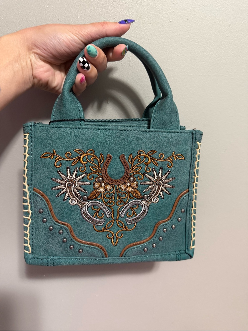Teal Embroidered Montana West Top-Handle Bag